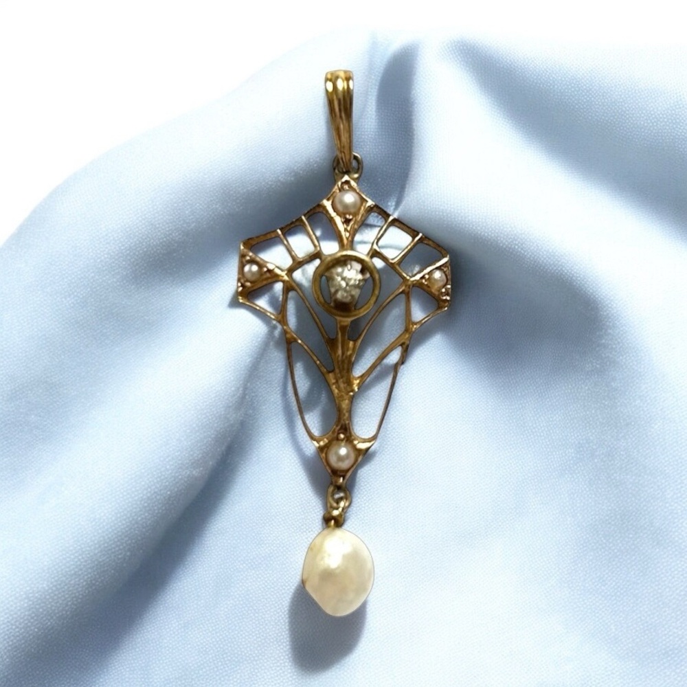 Antique 14K Yellow Gold Diamond Seed Pearl Dangle Charm Pendant